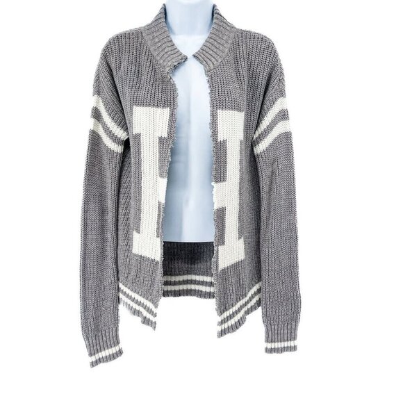Hollister Logo H Varsity Gray Open Front Distressed Knit Cardigan Sweater Y2K - Picture 1 of 7